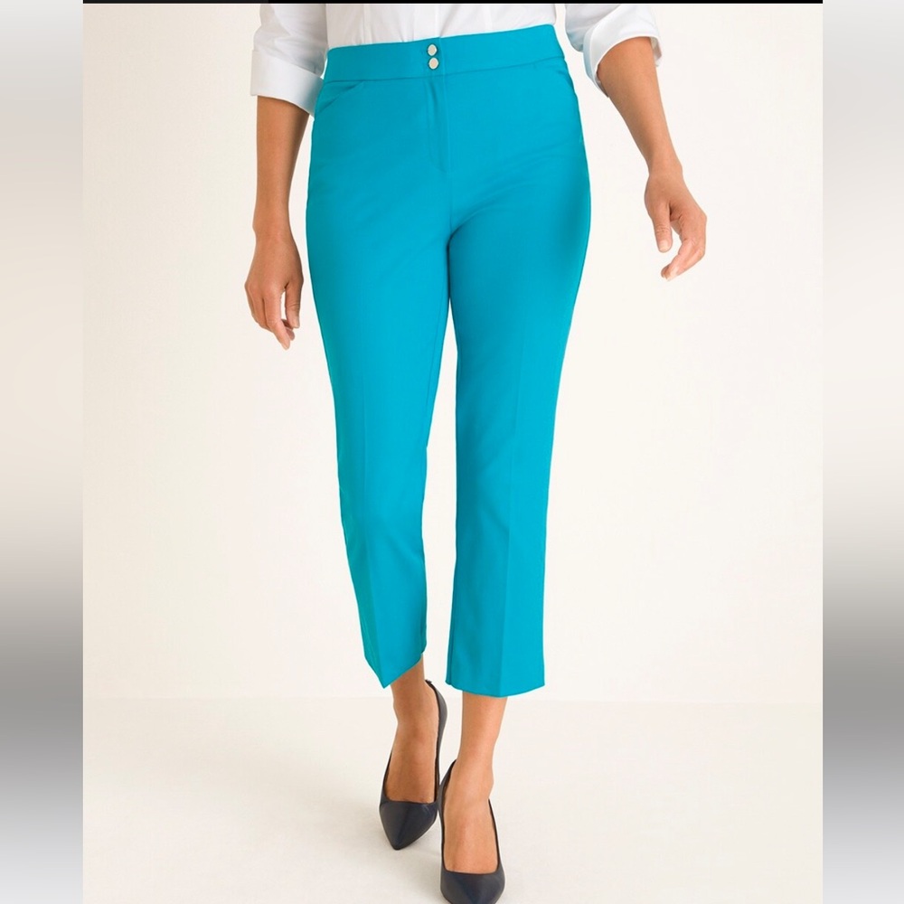 Chicos Turquoise Secret Stretch Straught Leg Crop Pants Sz 14